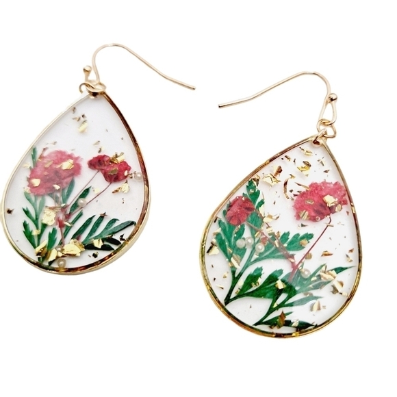 Gold Hoop earrings Pressed dried red flower Boho resin dangle 💖2/$30 - Picture 10 of 11